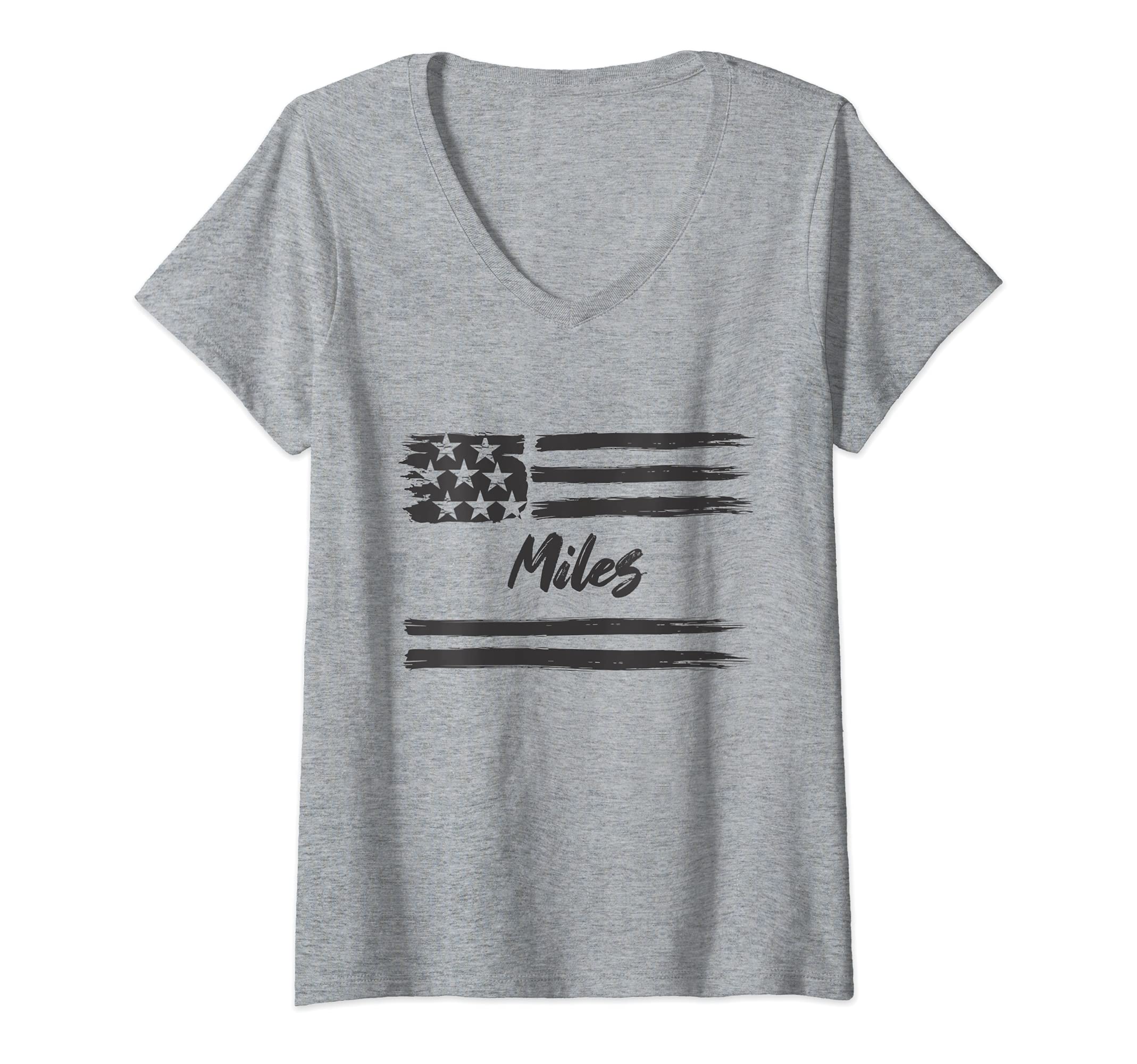 Womens Miles - Personalized Name, Stars and Stripes, USA Flag V-Neck T-Shirt