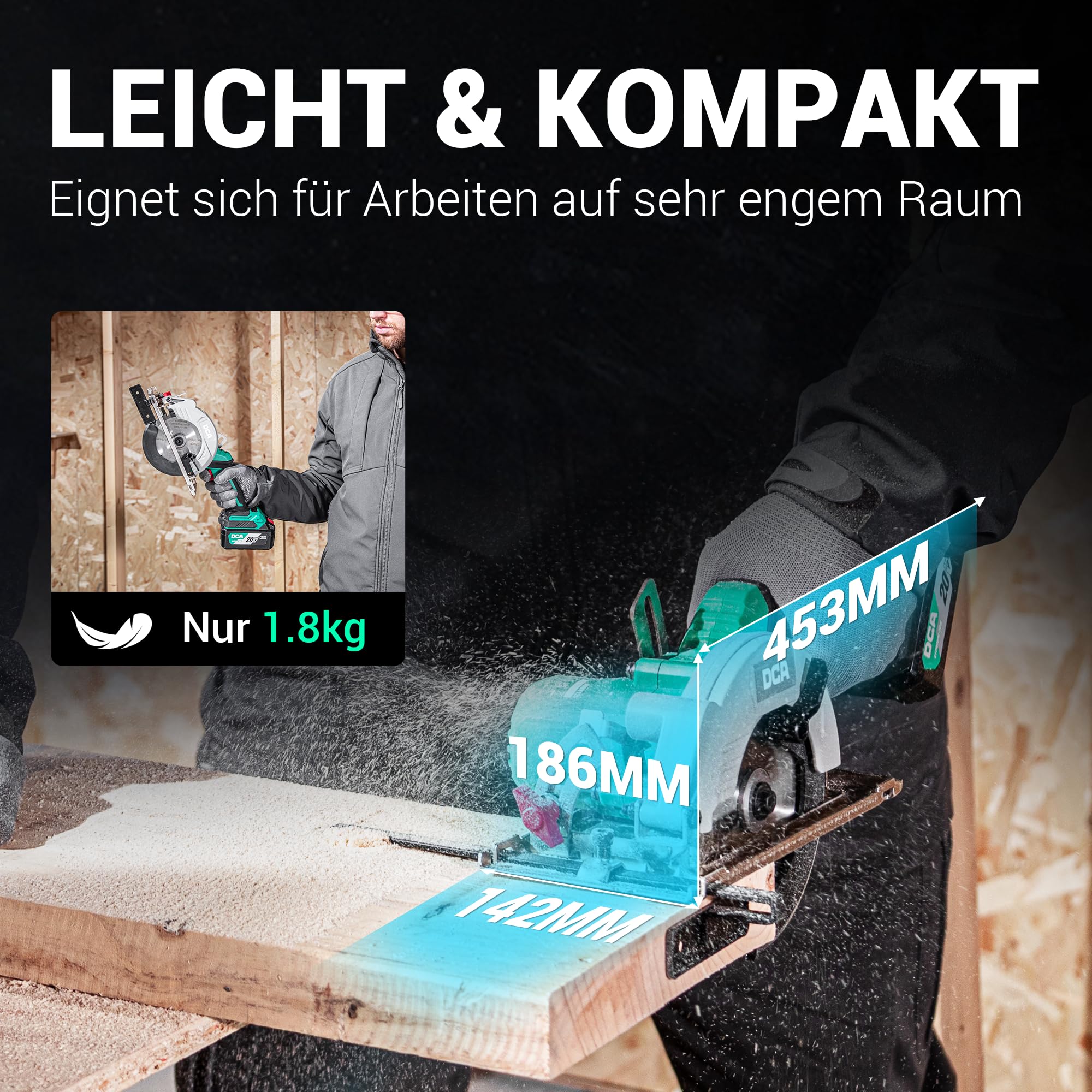 DCA Bürstenlose Akku-Handkreissäge 20V mit 4,0Ah Akku, 2-Gang 6700/4200RPM Kreissäge, 3 Sägeblatt Ø125mm mit Führungsschiene, 45mm(90°)/33mm(45°) Schnitttiefe, Mini Kreissäge für Holz, Plastik, PVC 7