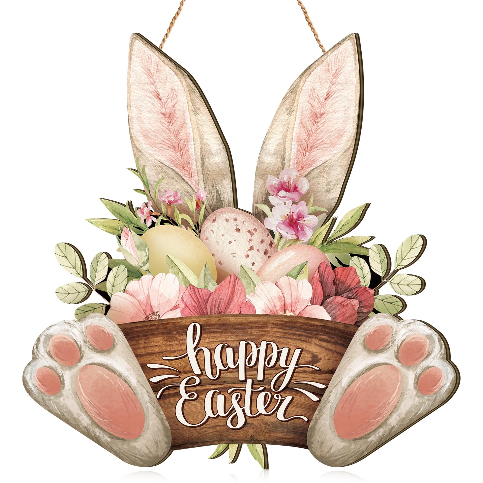 Barydat 1 Pcs Easter Wreaths for Front Door Bunny Welcome Wood Sign Door Hanger Spring Decorations Easter Hanging Plaque Rabbit Sign Decorations for Home Shop Garden (11.81 Inch)