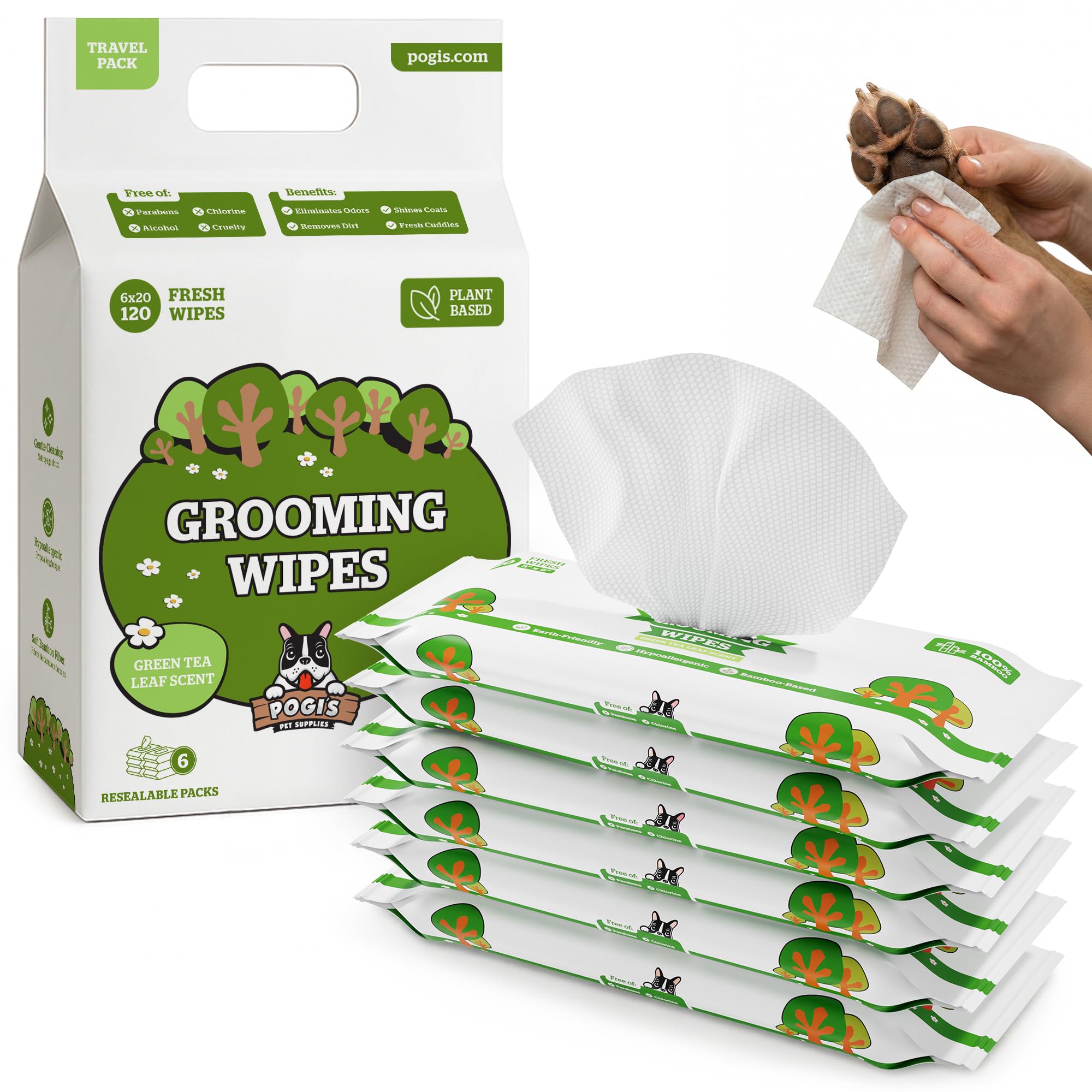Pogi's Grooming Wipes - 120-Count Travel Pack - Hypoallergenic Pet Wipes for Dogs & Cats - Biodegradable, Green Tea Scent, Deodorising Dog Wipes
