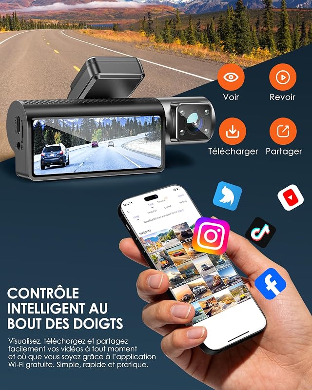 Dashcam Voiture 3 Canaux 4K avec SD 32 G, WiFi 6 Caméra Embarquée
