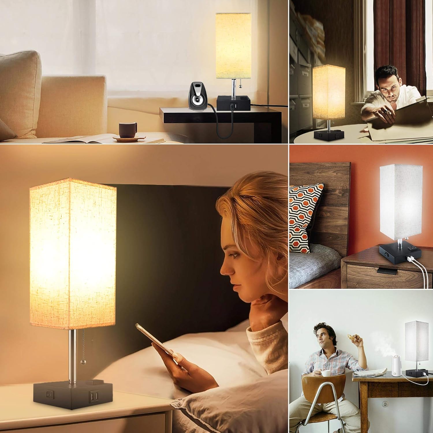 USB Table Lamp, Sailstar Bedside Lamps with Fast Dual USB Charging Ports and Outlet & Warm LED Bulb, Modern Nightstand Lamp with Black Base and Fabric Shade for Bedroom, Living Room, Office - - 