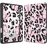Mektron Printed Case for iPad 10.2 Inch 2021/2020/2019, for iPad 9th/8th/7th Generation Case, Buit in Pencil Holder with Shockproof Cover Clear Shell + Trifold Stand, Leopard Pink Butterfly