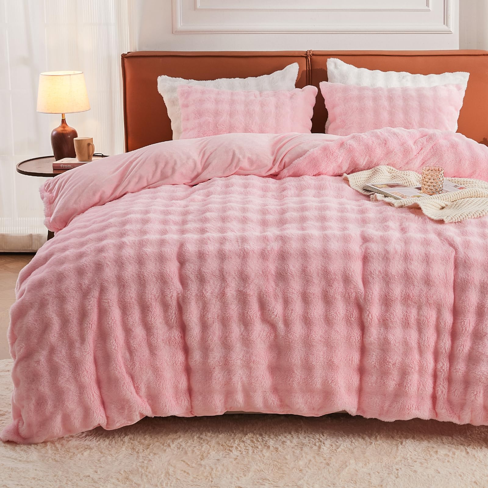 Photo 1 of EMME Faux Fur Duvet Cover Queen Size, 3 Pieces Ultra Soft Fluffy Comforter Cover, Cozy Warm for Winter, Luxury Elegant Shaggy Bubble Design Bedding, 1 Duvet Cover & 2 Pillow Shams (Queen, Pink)