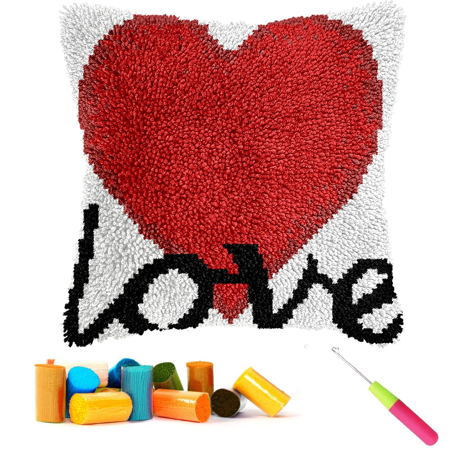 CCWORAN Love Latch Hook Cushion Kits for Adults Beginners Kids Pillow Cover Making Crochet Craft Kits Pre Printed Canvas Wool Yarn Hobbies DIY Sofa Home Decor Women Gift