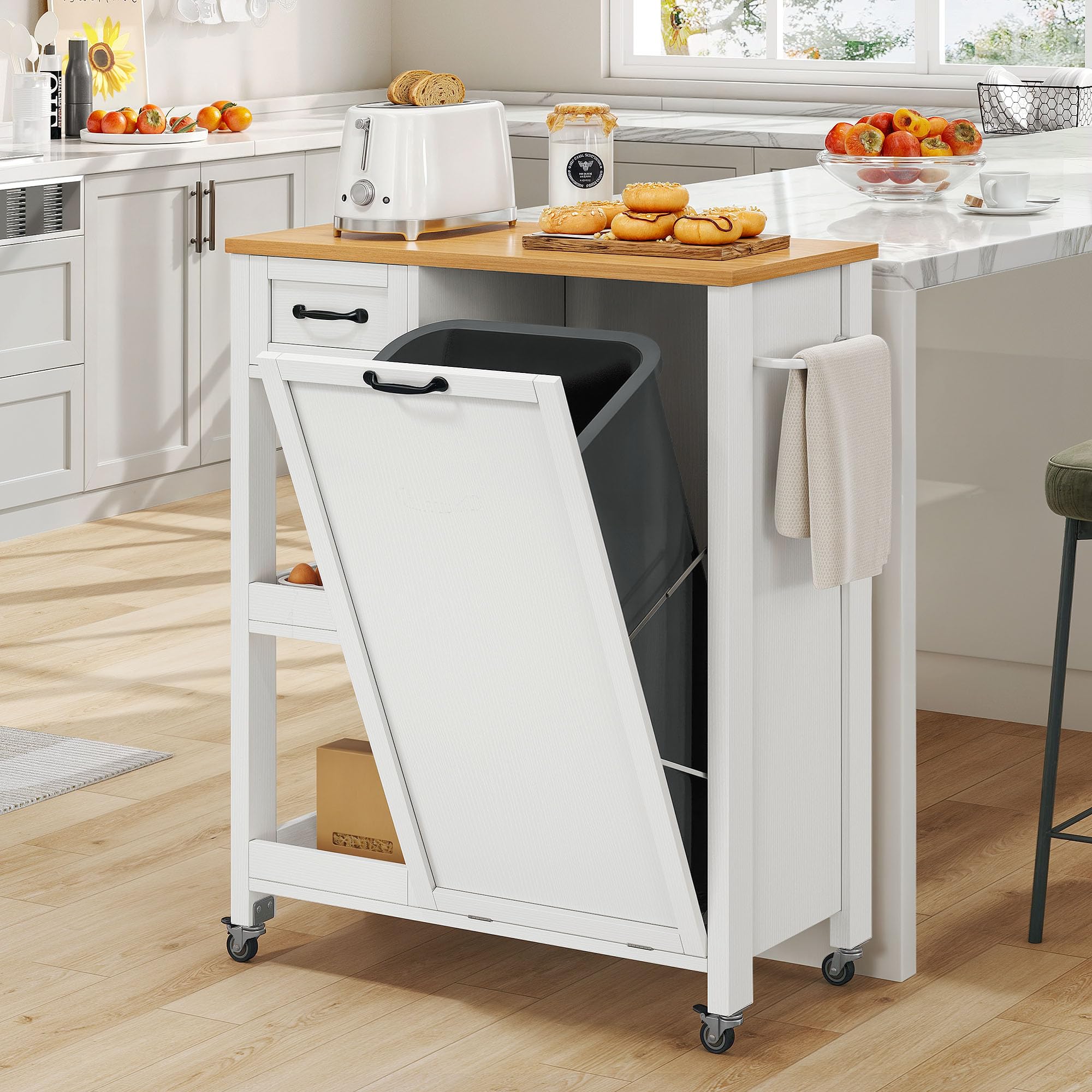 Photo 1 of *Minor Damaged*
YITAHOME Kitchen Island Tilt-Out Trash Cabinet - Rolling Cart with Storage Shelves/Drawers, Fits 13 Gallon Bin, Oak & White
