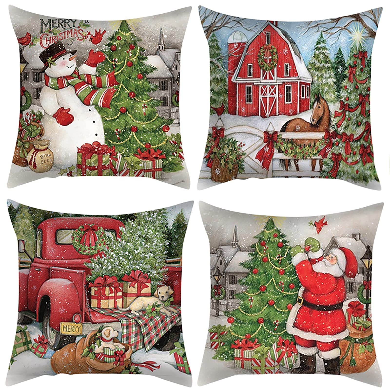 Irayin Christmas Pillow Covers 18x18 Inch Set of 4 Snowman Santa Claus Throw Pillow Covers Christmas Decorations Winter Holiday Decor Linen Pillowcase Cushion Case for Sofa Couch Home Decor