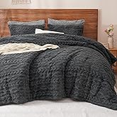 PHF Fluffy Sherpa Fleece Queen Comforter Set, 3 Pieces Warm Fuzzy Soft Bedding for Winter, 3D Tufted Flannel Plush Shaggy Bed Set, 1 Comforter (90"x90") and 2 Pillowcases (20"x26"), Dark Grey