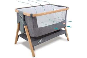 Tutti Bambini CoZee® 2-in-1 Baby Bassinet & Bedside Sleeper - Fast-Folding Bedside Bassinet, Baby Crib with 6 Mattress Heights & Breathable Mesh Window, Mattress Included, 0-6 Months (Oak & Charcoal)
