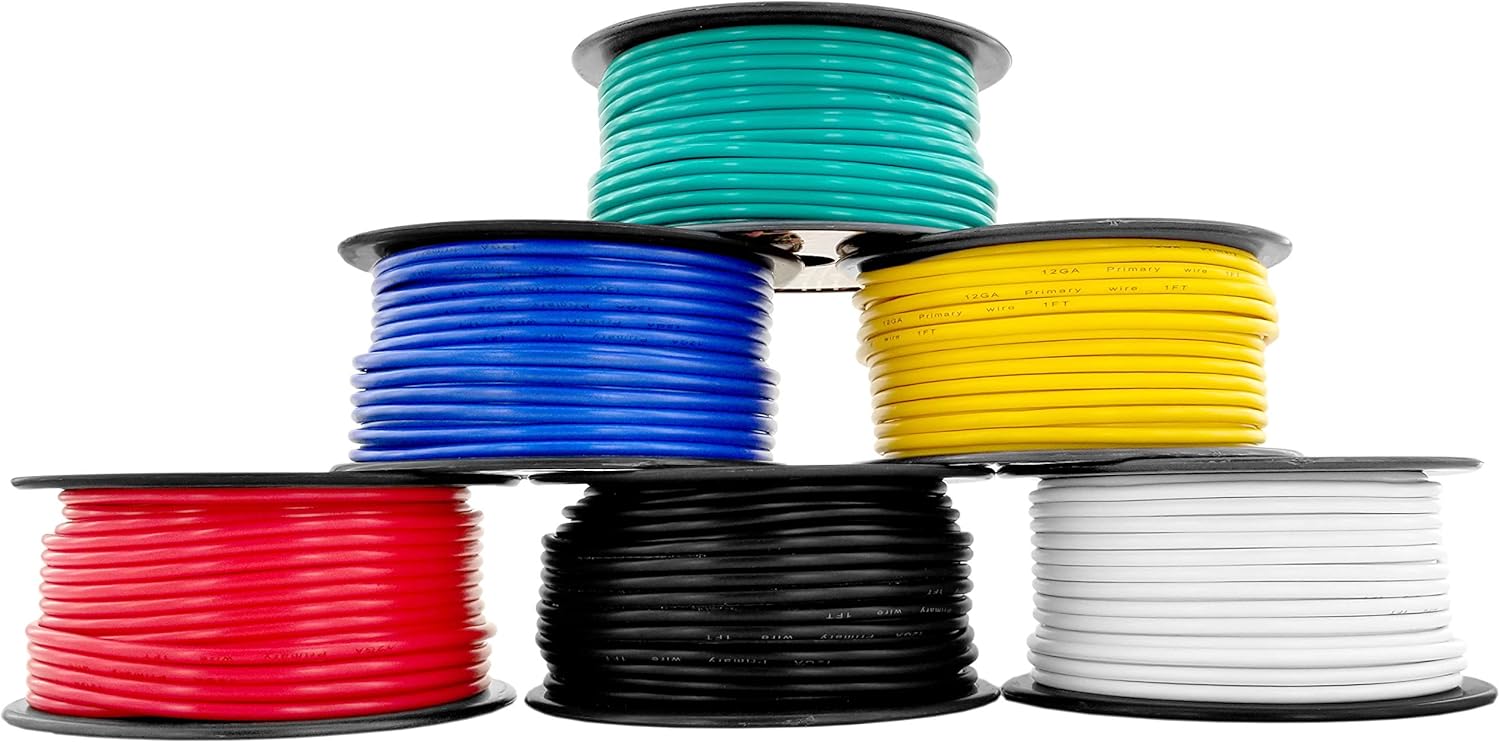 12 Gauge Copper Clad Aluminum Low Voltage Primary Wire 6 Color Combo 100 ft per Roll (600 feet Total) for 12V Automotive Trailer Light Car Audio Stereo Harness Wiring (Also in 2 or 4 Color Combo): Automotive