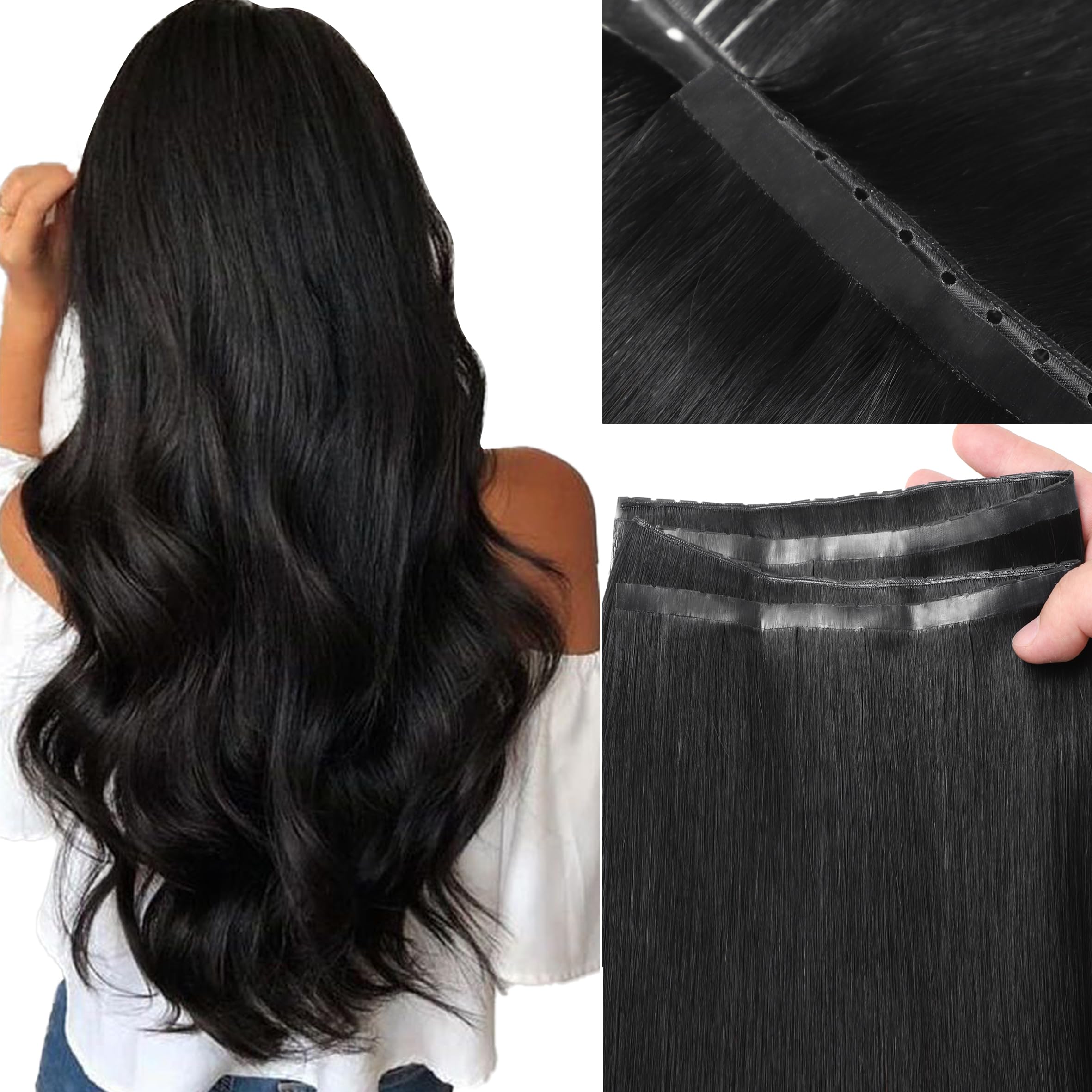 Photo 1 of LOXXY Double Layered Butterfly Weft PU Hair Extension - 16 Inch 100g Invisible OVO Real Human Hair Extension - 1PCS Jet Black, No Glue Genius Weft Bead in Extensions Hair, Weft Width 31.5" (80cm)