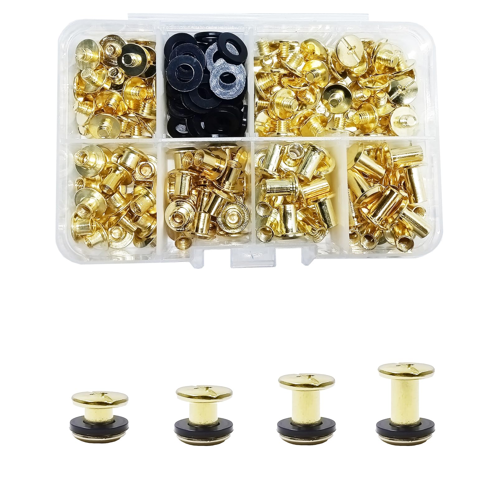 JXPXJMY 80 PCS Chicago Screw Set, Carbon Steel Binding Rivets for Books Leather Ledgers Travel Cases,Size M5*4/6/8/10 mm with Gasket (Gold)