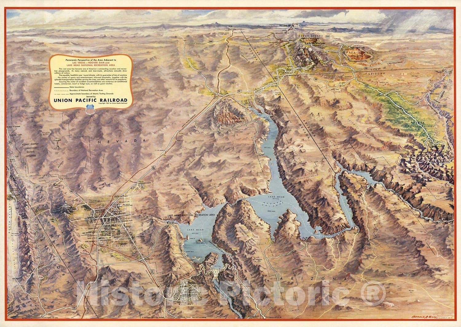 Historic Map - Panoramic Perspective of The Area Adjacent to Hoover Dam and Lake Mead Recreational Area 1961 - Vintage Wall Art - 62in x 44in