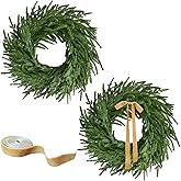 24 Inch Real Touch 2 Pcs Norfolk Pine Wreath Christmas Decorations for Front Door, Artificial Plants Green Christmas Wreath with Lights Home Decor, Xmas Decor for Mantel Wall Holiday Winter Decor