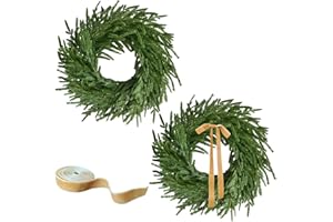 CHERICA 24 Inch Real Touch 2 Pcs Norfolk Pine Wreath Christmas Decorations for Front Door, Artificial Plants Green Christmas Wreath with Lights Home Decor, Xmas Decor for Mantel Wall Holiday Winter Decor