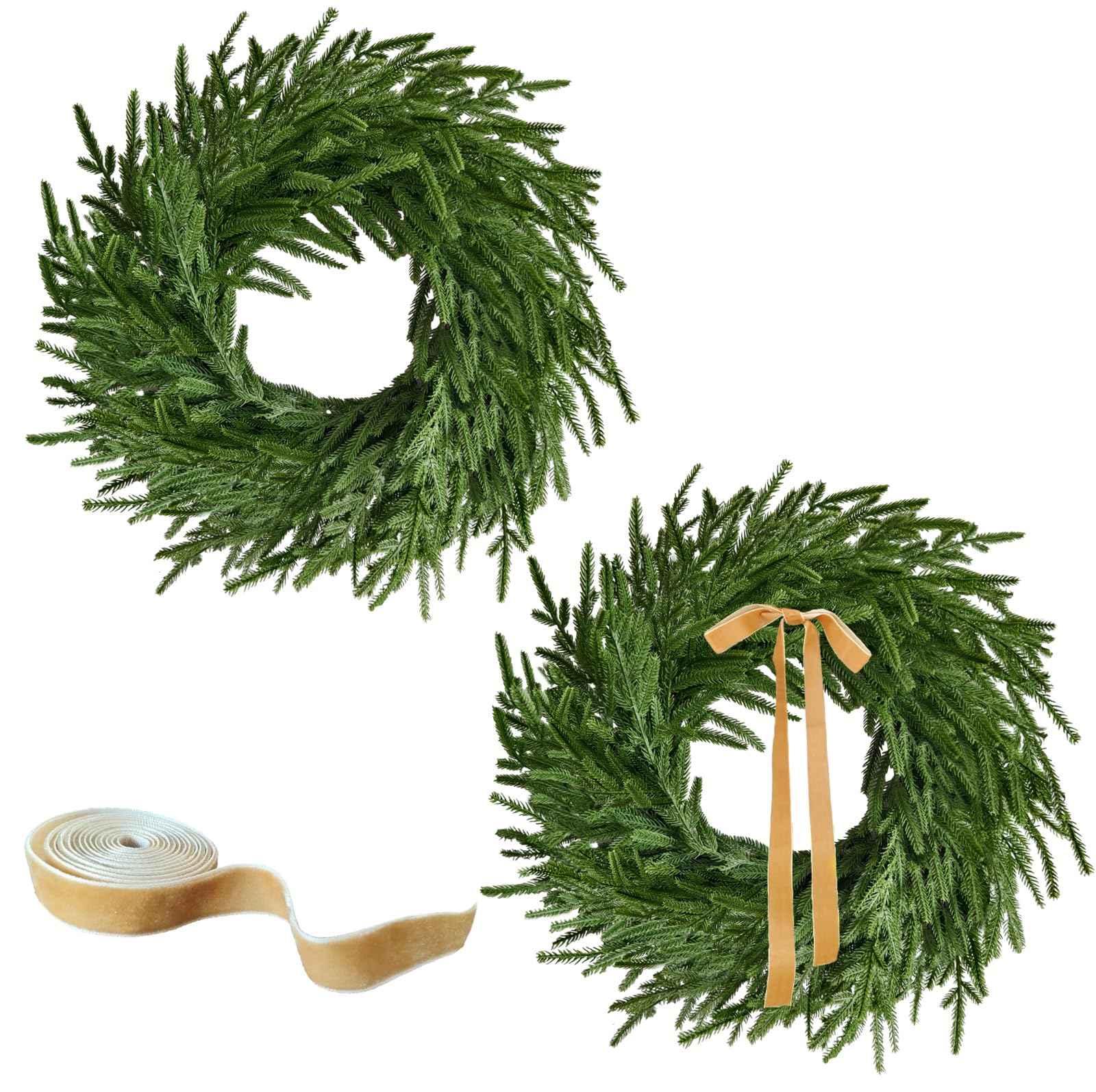 Photo 1 of 24 Inch Real Touch 2 Pcs Norfolk Pine Wreath Christmas Decorations for Front Door, Artificial Plants Green Christmas Wreath with Lights Home Decor, Xmas Decor for Mantel Wall Holiday Winter Decor