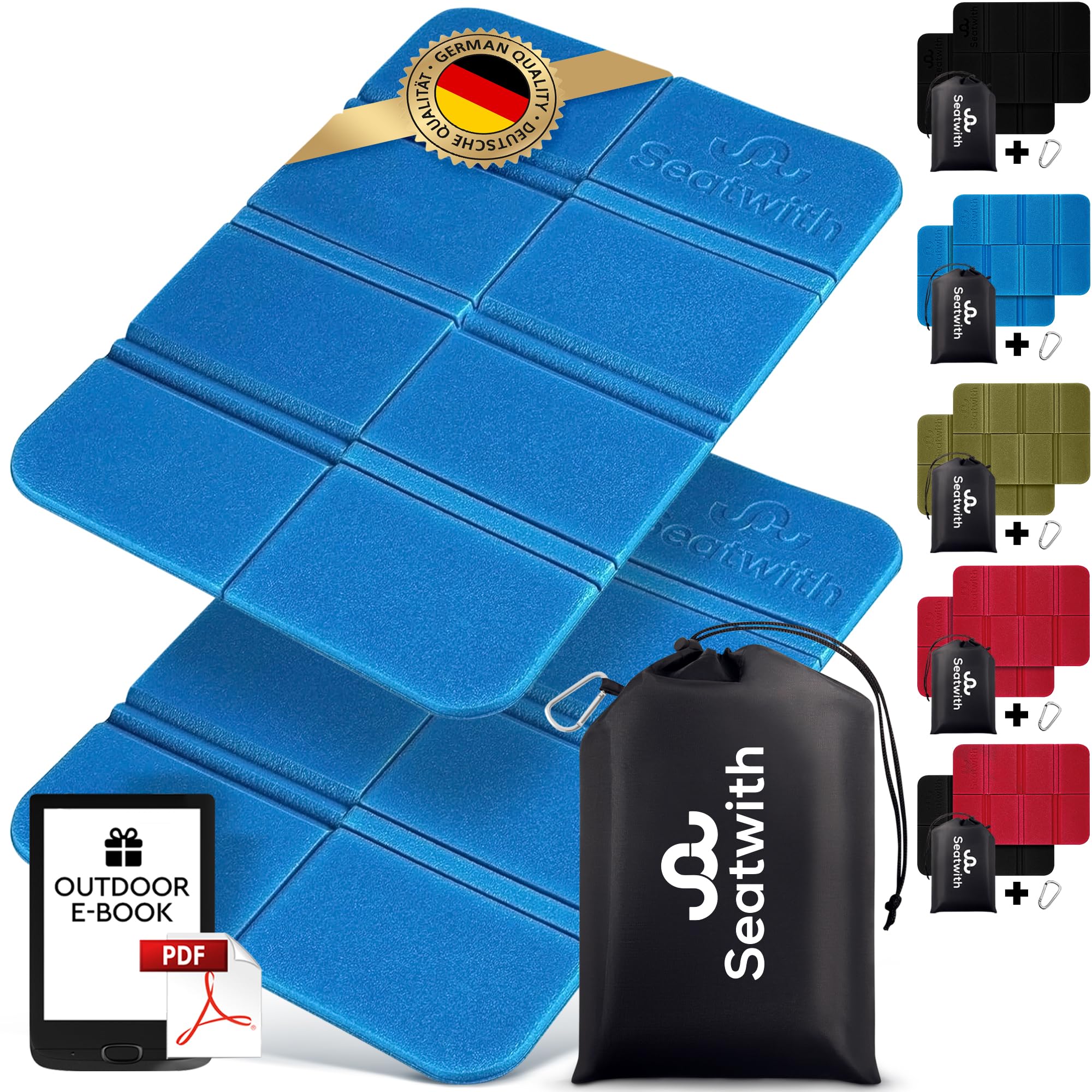 Seatwith Folding Hiking Mat 2pcs - Insulated Folding Sit Mat w/Carry Bag & Hook - Sit Mats for Walkers for hiking - Folding Seat Pad - Camping Sit Mat Camping Mat+Outdoor E-book - Blue