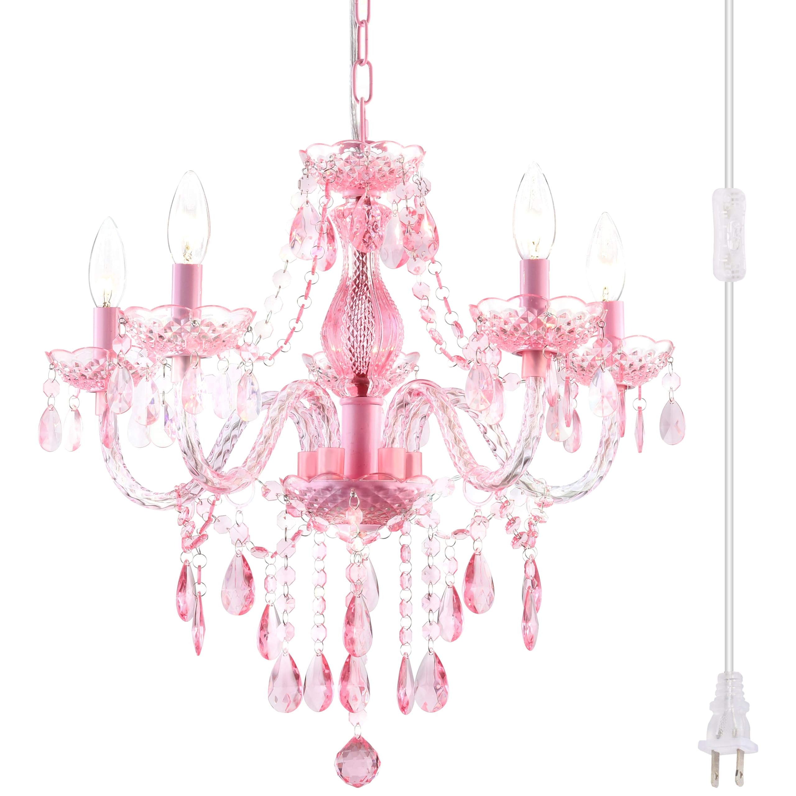 Photo 1 of Plug-in 5 Lights Pink Crystal Hanging Pendant Light Acrylic Chandelier with Clear Cord & On/Off Switch H19 D19.7 for Kitchen Island Girls' Room Dining Area Laundry Pavilion.