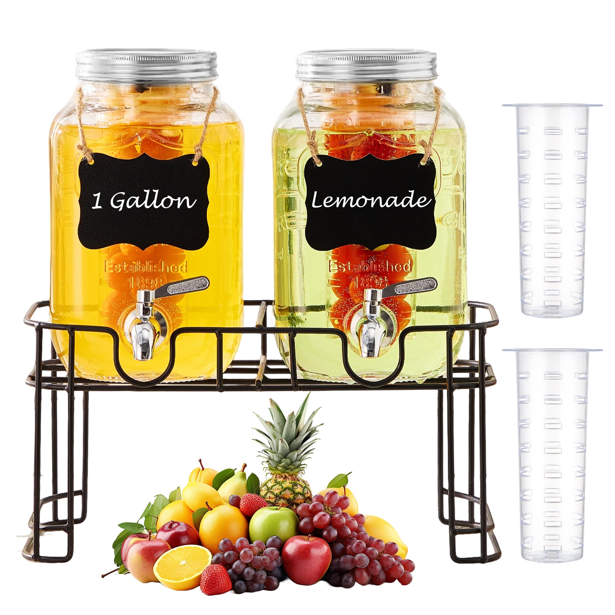 View 1 of 1 Gallon Glass Beverage Dispenser -Set of 2, Drink Dispenser with Stand & Fruit Infuser, Stainless Steel Spigot - Glass Drink Dispensers for Parties, Drink Dispensers with Lids for Lemonade Sun Tea