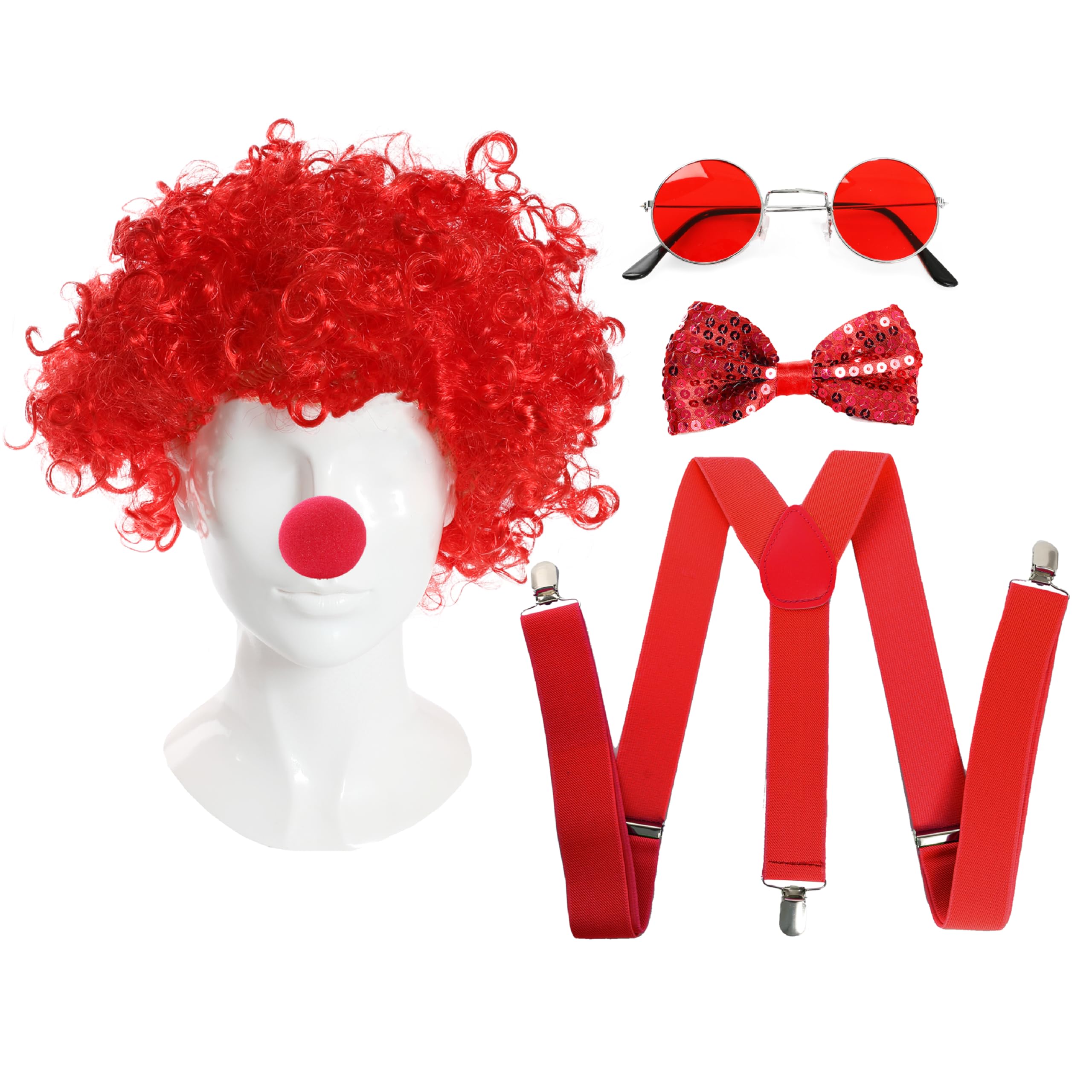 Red Nose Accessory Set - Sponge Nose, Curly Afro Wig, Hippy Glasses, Sequin Bow Tie and Braces - Perfect for Any Fancy Dress