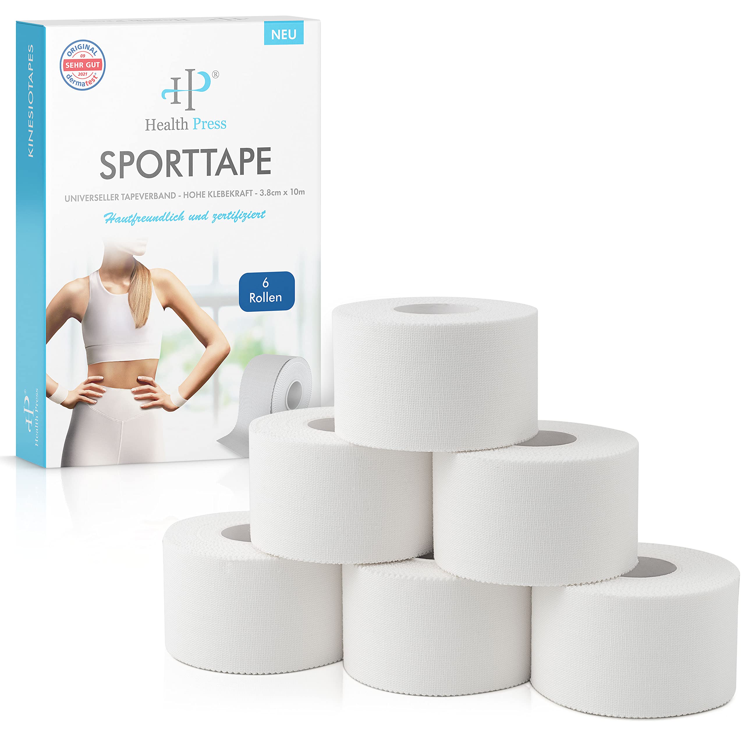 Health Press® Sport Tape - 6 Rolls (3.8 cm x 10 m) | Tearable Professional Sport Tape - White Athletic Tape for Joints, Muscles, and Ligaments | Medical Athletic Tape for All Sports