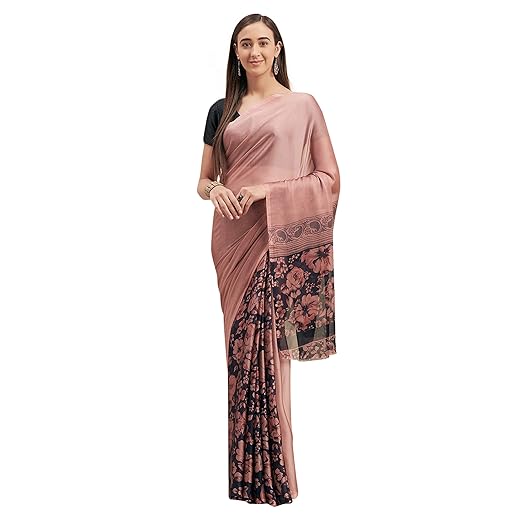 Womanista crepe with Blouse Piece Saree (TI1252_ Pink & Blue_ Onesize)