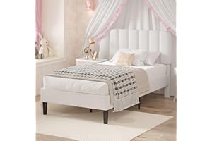 VECELO Twin Size Bed Frame with Upholstered Headboard, Velvet Platform Bedframe Mattress Foundation, Strong Wood Slat Support, No Box Spring Needed,White