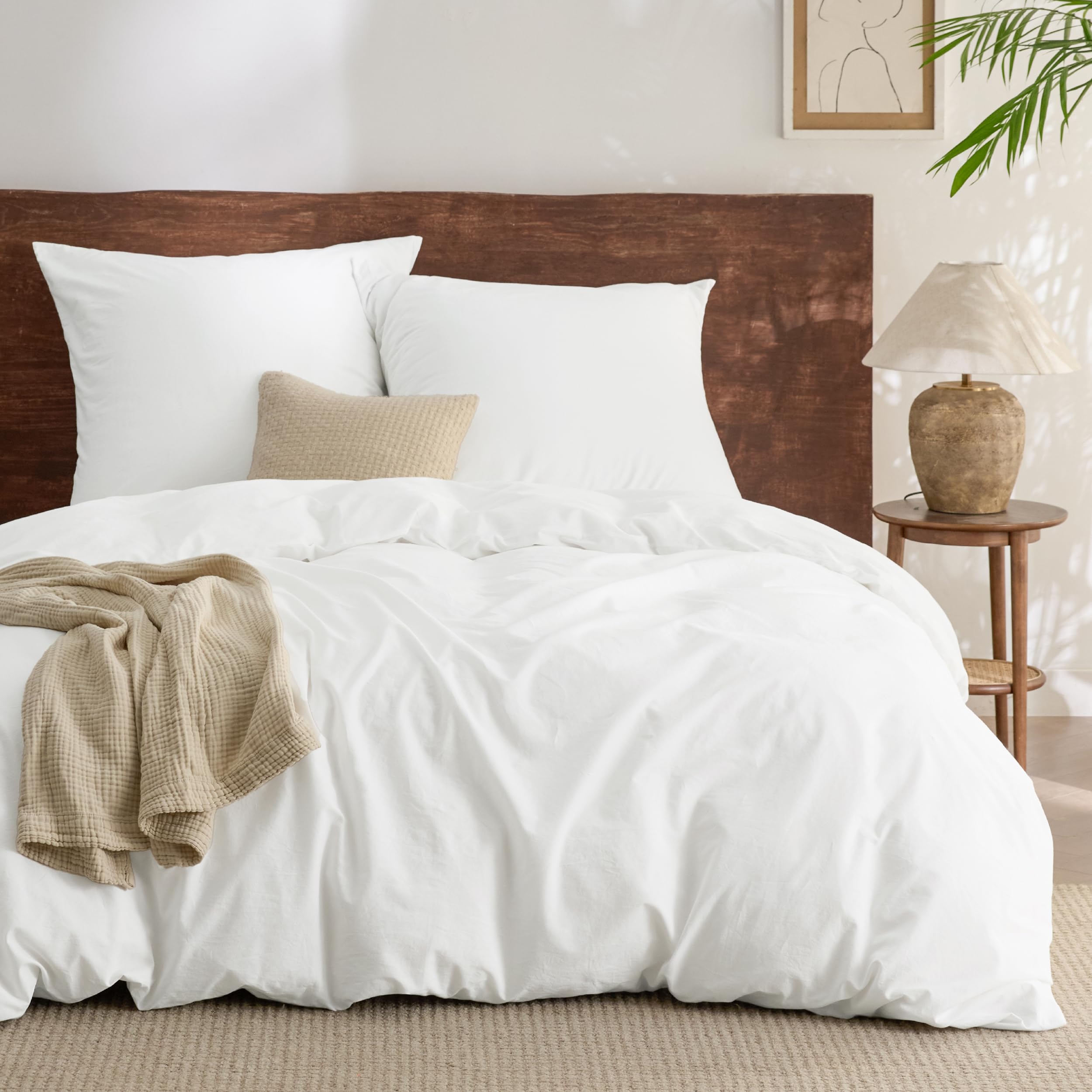 BEDSURE Bettwäsche 155x220 Baumwolle 3teilig - Bettwäsche-Sets Weiß Bettbezug mit 2 Kissenbezüge 80x80 cm, Ähnliche Textur wie Washed Leinen, Oeko-TEX Bedding Set mit Reißverschluss 7