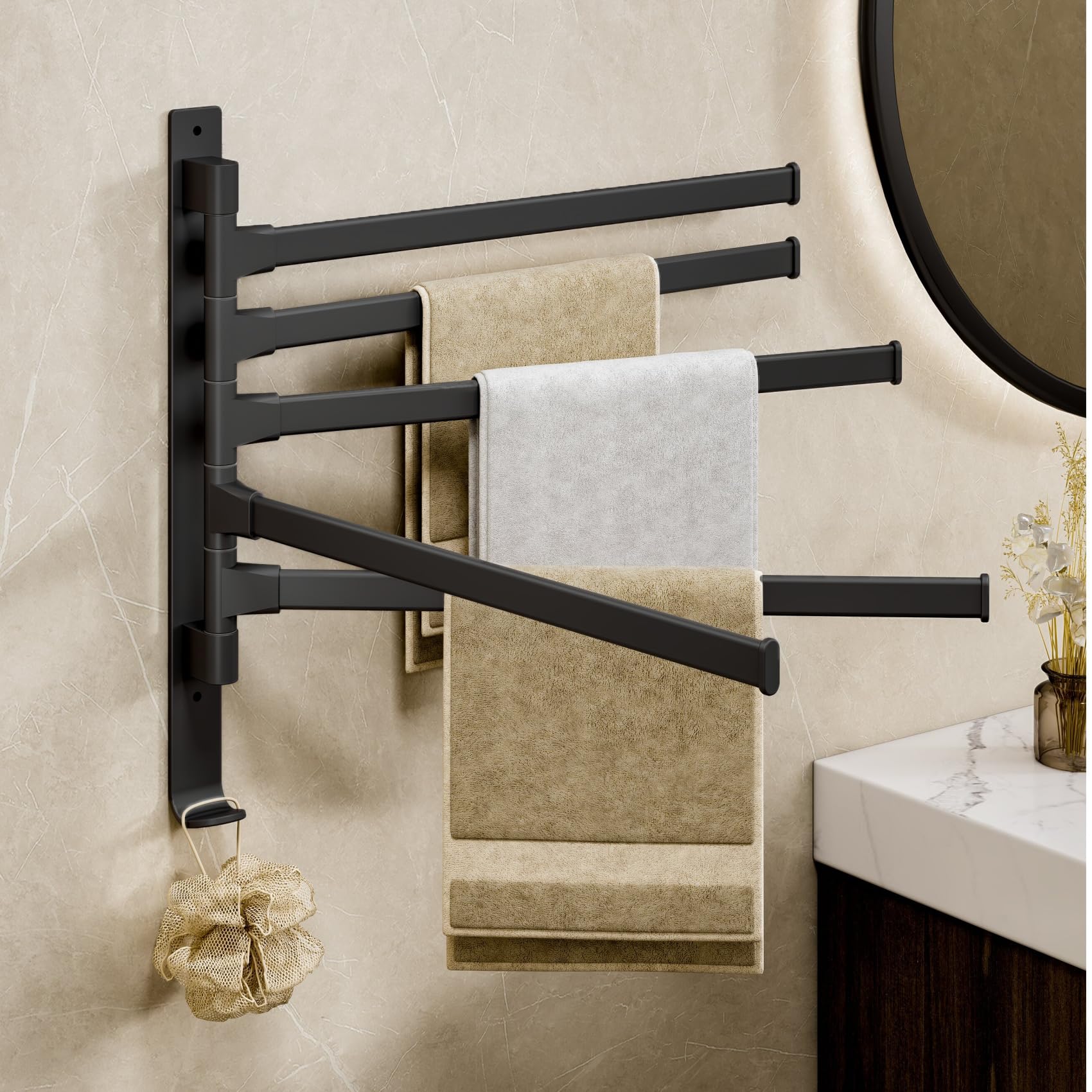 yozhch Swivel Towel Rail Wall Mounted, Bathroom Rotating Small Towel Rack, Lavatory Swing Hand Towel Holder Folding Bar, 5 Arm Length 32cm, Black