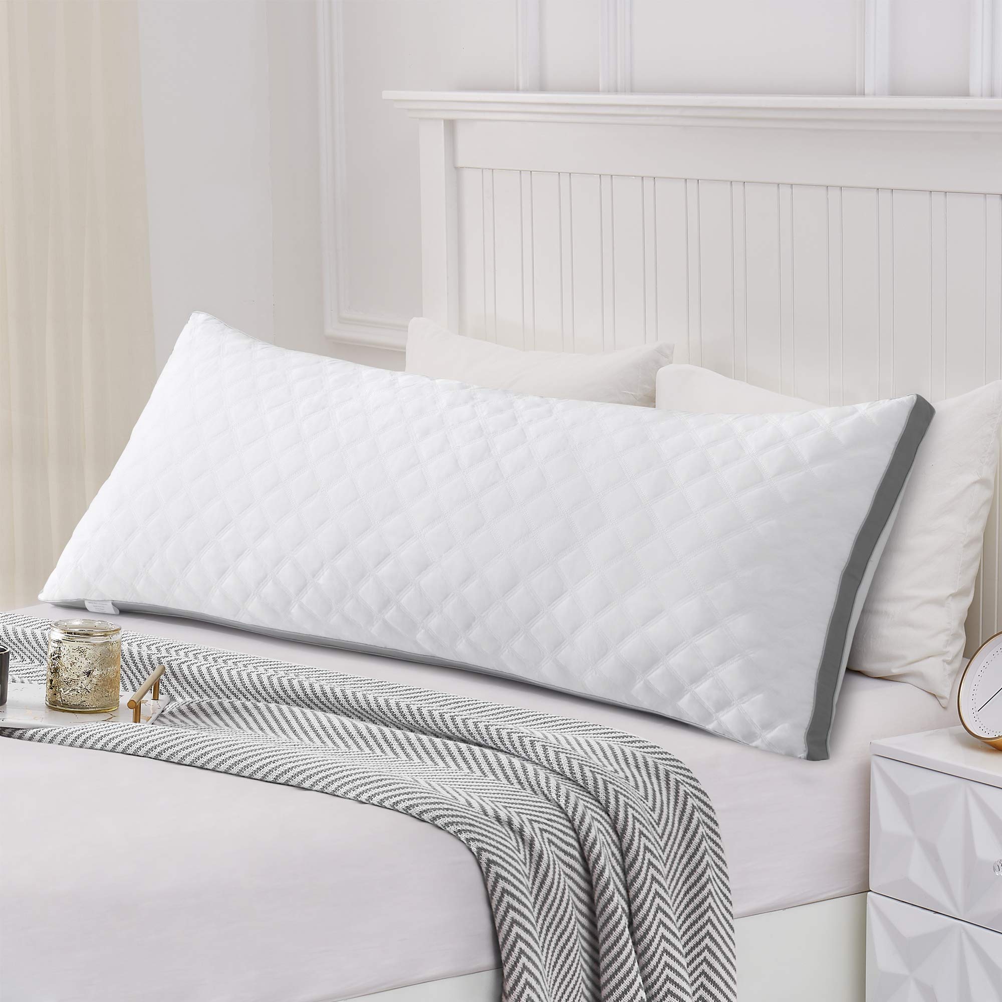 Leeden Luxury Body Pillow with Additional Cotton Pillowcase - Adjustable Loft Long Pillows for Adults and Pregnancy - Soft Fluffy Pillow Insert - Hug Pillows for Sleeping, 21"x 54", Grey-Side