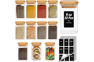 ComSaf 12Pcs Glass Spice Jars with Bamboo Lid, 8oz Airtight Square Spice Containers with 275 Black Lables, Empty Seasoning Ja