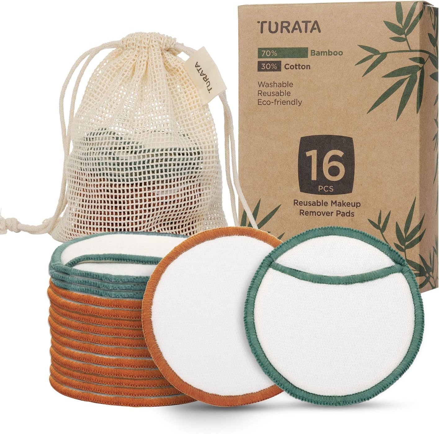 Makeup Remover Pads, TURATA Reusable Bamboo Cotton Pads With Laundry Bag, Zero Waste Eco-Friendly Washable Facial Makeup Cleaning Cloths For Face Eyes Lip Neck All Skin Types (16PCS)