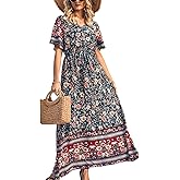 PRETTYGARDEN Women's Casual Summer Boho Floral Print Dress V Neck Short Sleeve High Waist Long Maxi Beach Dresses
