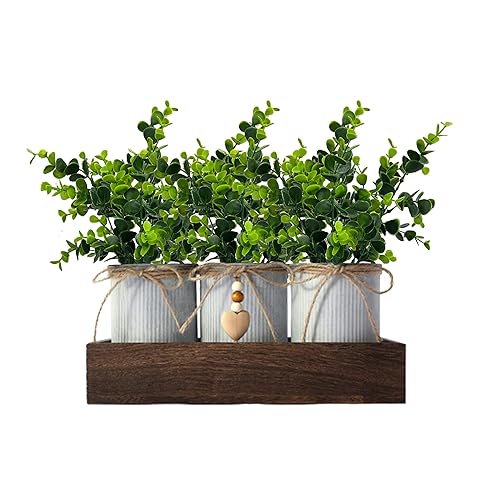 CALAVAK Decorative Centerpiece Wooden Tray with 3 Metal Potted Artificial Eucalyptus Rustic Country Home Décor for Dining Room, Living Room and Kitchen Table