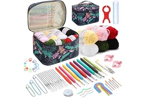 Crochet Kit for Beginners 60 Pcs Portable Crochet Set Knitting Kit with 6 Crochet Yarn, Ergonomic Crochet Hooks and Crochet A