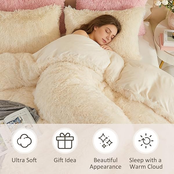 EMME LUXURY FUZZY DUVET COVER SET KING SIZE FLUFFY COMFORTER COVER SET FOR KING BED 2 PIECES SHAGGY AND PLUSH SOFT BEDDING DUVET COVERS (CREAM WHITE, KING)