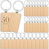 Yinkin 50 Pcs Wooden Keychain Blanks Bulk Laser Engraving Key Chain Unfinished Wooden Key Ring Tag for DIY Gift Crafts (Rectangle)