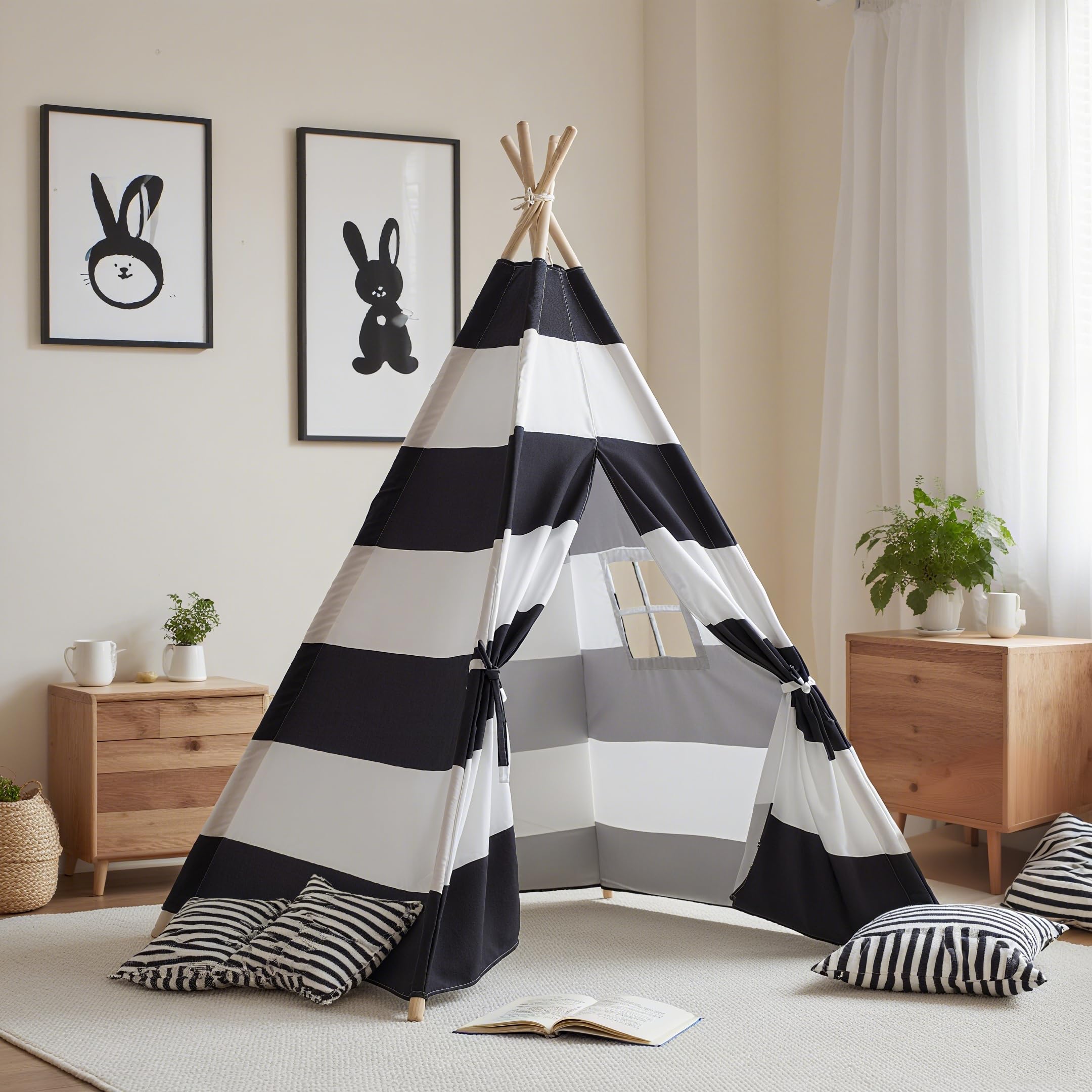 Photo 1 of xiaowantong Teepee Tent for Kids with Carry Bag, Washable Playhouse for Indoor Use, Ideal Play Tent for Girls and Boys, Stripe Black