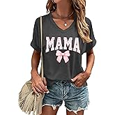 VVNTY Womens Mama Shirt: Mama Letter Print T-Shirt Pink Bow Mom Life Tee V Neck Graphic Tee Tops
