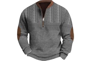 MGWTFZDL Mens Quarter Zip Sweater with Elbow Patches Long Sleeve Polo Shirts Vintage Waffle Sweatshirts
