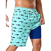 SILKWORLD Mens Swim Trunks with Compression Liner 9'' Quick Dry Bathing Suit Long Swimming Shorts with Zipper Cargo Pockets