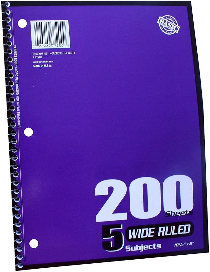 5Subject Notebook Wide Ruled, 10.5 x 8 Inches, 5