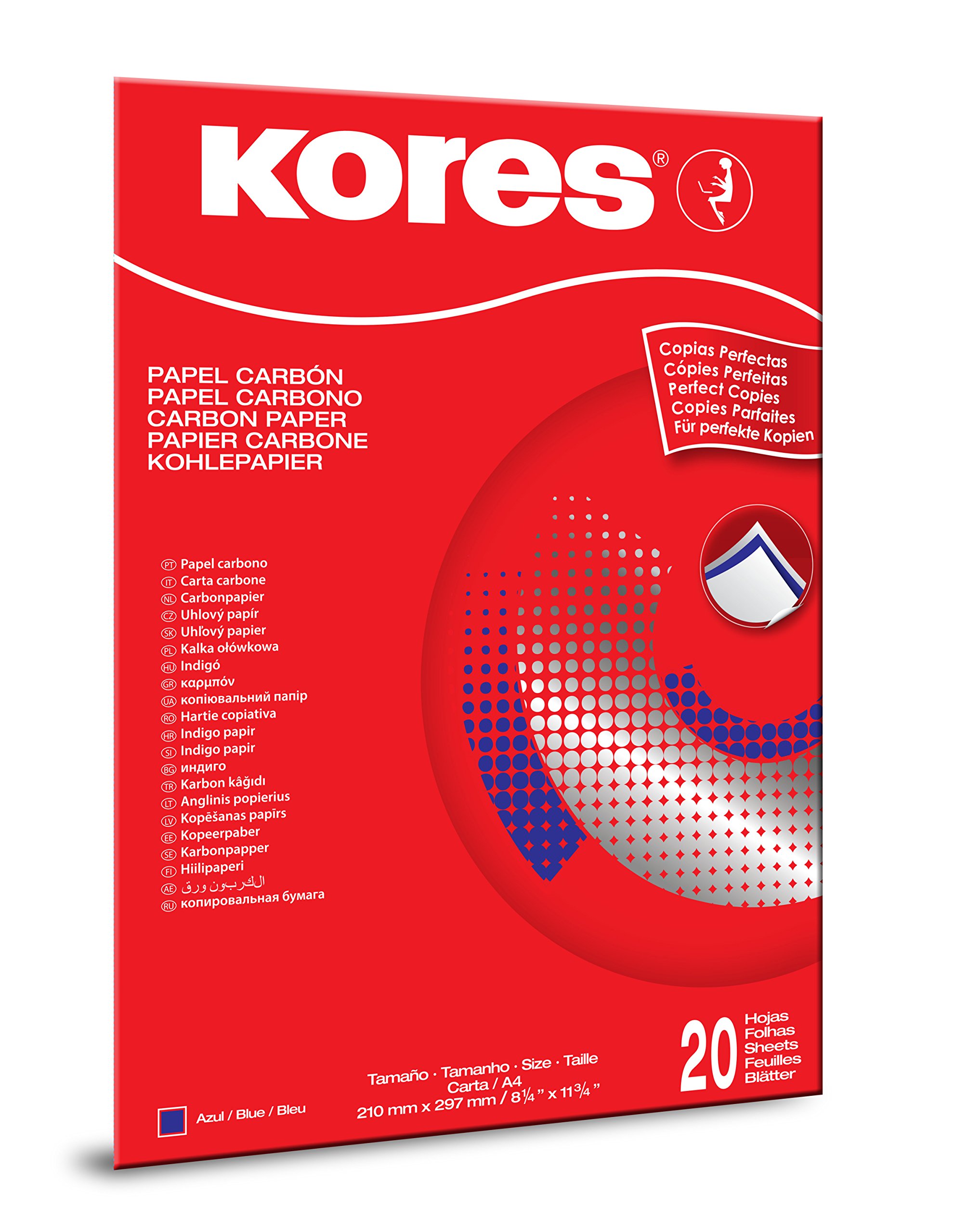 Kores - Blue Carbon Paper for Handwriting, No Smearing and Reusable, School and Office Supplies, Format A4, 21 x 29.7 cm, Pack of 20 Sheets, Handwriting, Blue, 20 Sheets