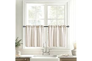 JIUZHEN Striped Linen Kitchen Curtains 2 Panels - Short Tier Drapes with Rod Pocket, Farmhouse Cafe Curtains for Small Window