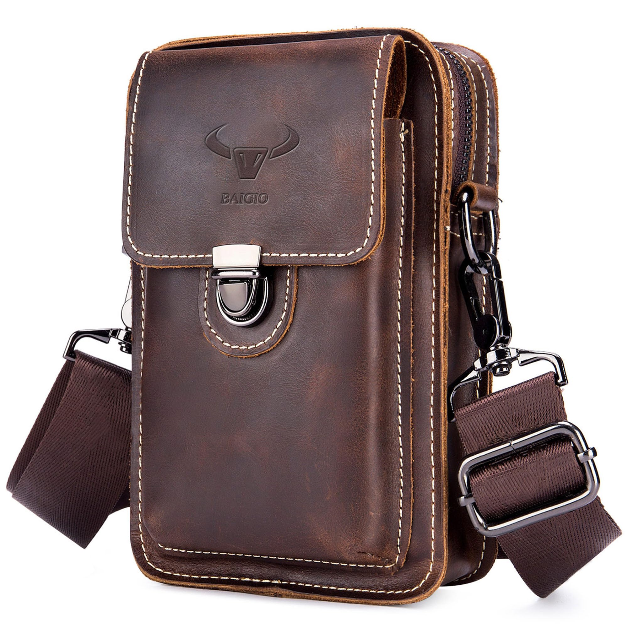 BAIGIO Genuine Leather Waist Pack for Men - Leather Phone Holster Pouch with Belt Loop Crossbody Phone Carrying Case Small Shoulder Bag for Cell Phone Wallet Key, Brown