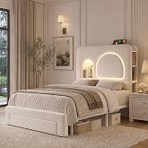 Twin Bed Frame for Girls with Storage Headboard &amp; Charging Station, Beige | Storage Cubbies for Bedtime Essentials, Built-In RGB LED Lights, Velvet Upholstered Finish, Large Drawer, Durable Metal Slats
