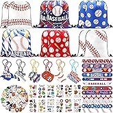 LSJDEER 98 PCS Baseball Party Favors Set Includes 12 Drawstring Bags, 12 Keychains, 50 Stickers, 12 tattoo Stickers, 12 Slap Bracelets for Baseball Sports Party Birthday Gift Supplies
