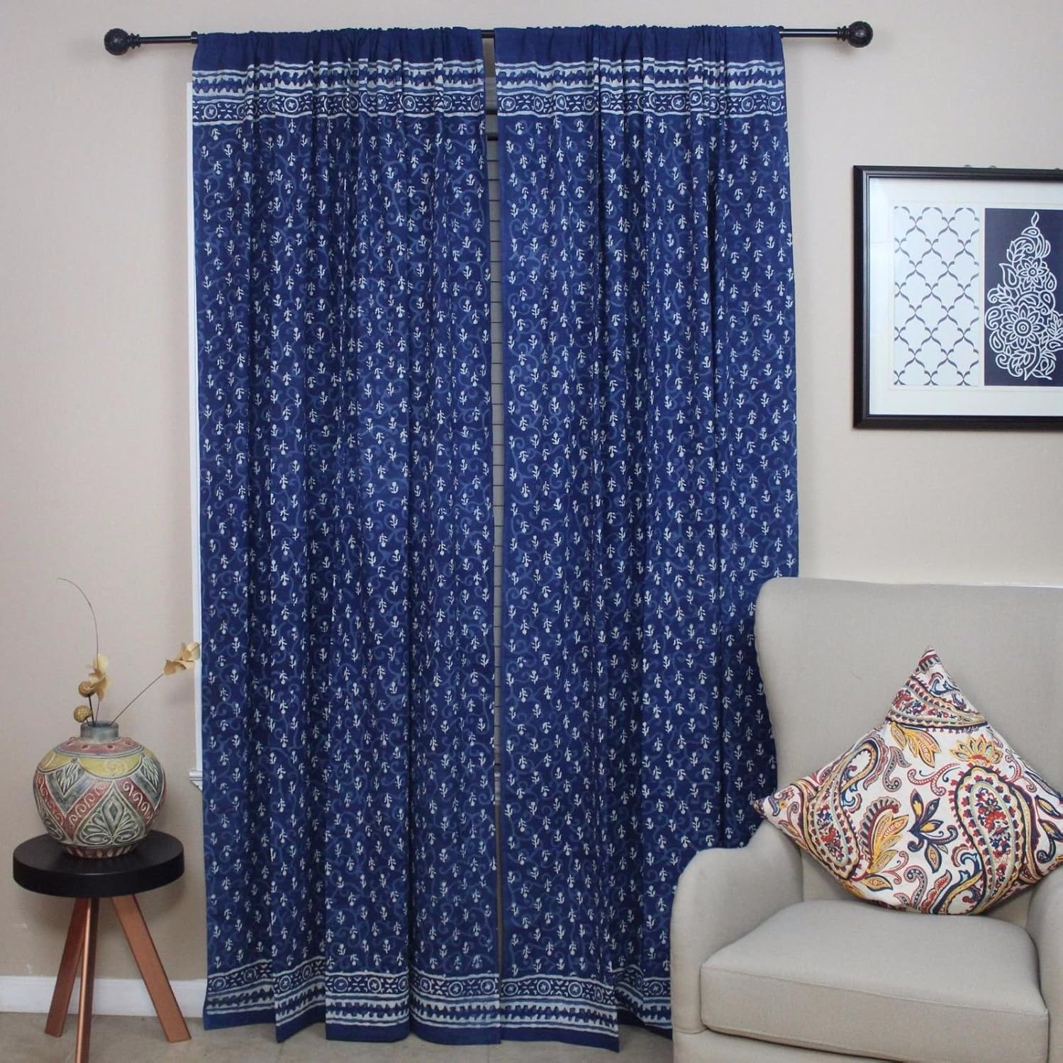 Handmade 100 Cotton Indigo Dabu Block Print Curtain Drape