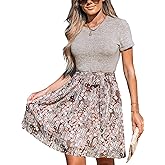 CUPSHE Women's Floral Paisley Mini Beach Dress Crew Neck Short Sleeve Belted Tie A Line Stripe Mini Summer Dresses