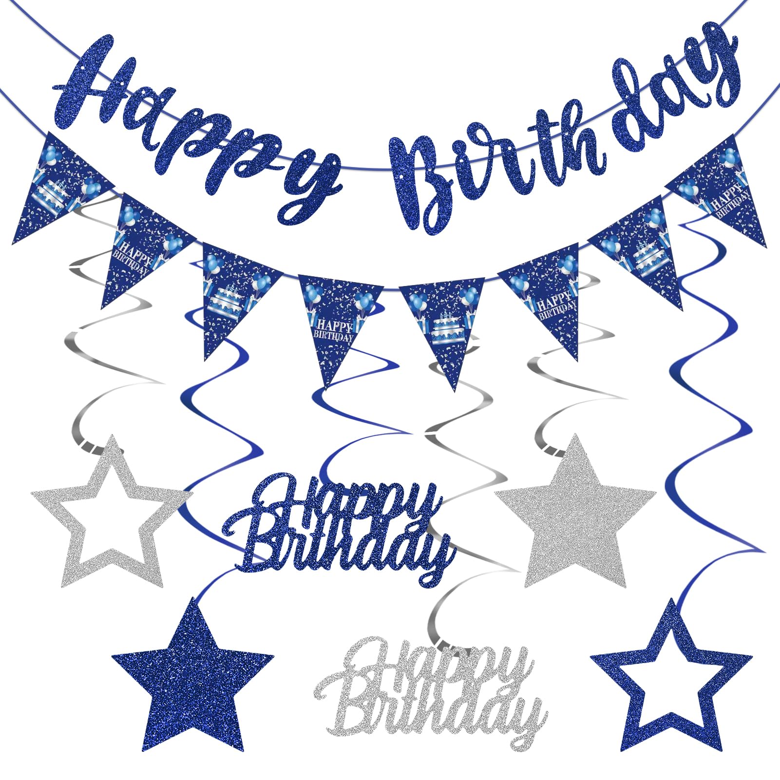 Photo 1 of Blue Silver Birthday Decorations for Men Women, Happy Birthday Banner Hanging Swirls for Boys Girls Bday Decor Party Supplies Sign